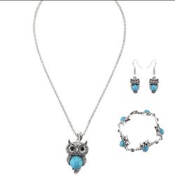 Romantic Vintage Stone Owl Necklace, Bracelet & Earrings Fashion Jewelry Set