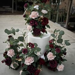 Lings Moment 4 Free Standing Flower Pieces with Eucalyptus, Aisle Flowers in Burgundy, ivory, white, golden