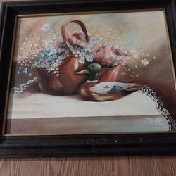 Vintage Antique Painting Flower Basket And Duck Decoy