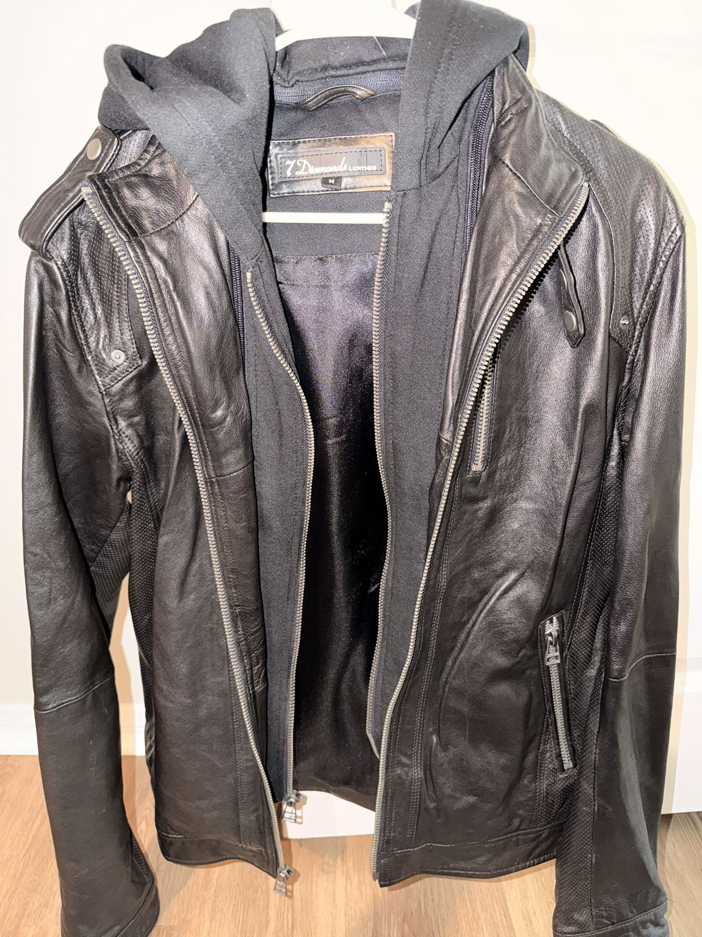 7 diamonds leather jacket with hoodie