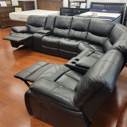 Tax Time Sale! Madrid Black Leather Reclining Sectional Now $1099. Easy Finance Option. Same-Day Delivery.