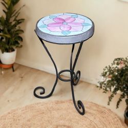 Concrete & Metal Plant Stand w/ Painted Flower Design