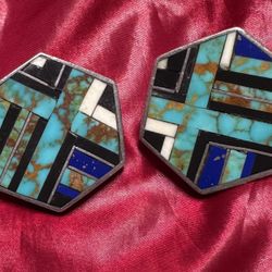 Inlaid Navajo Zuni Turquoise Earrings 