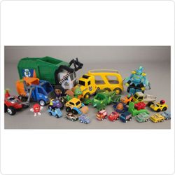 Huge Toy Vehicle & Figure Lot: Trucks, Action Figures, Robots, Racers & More