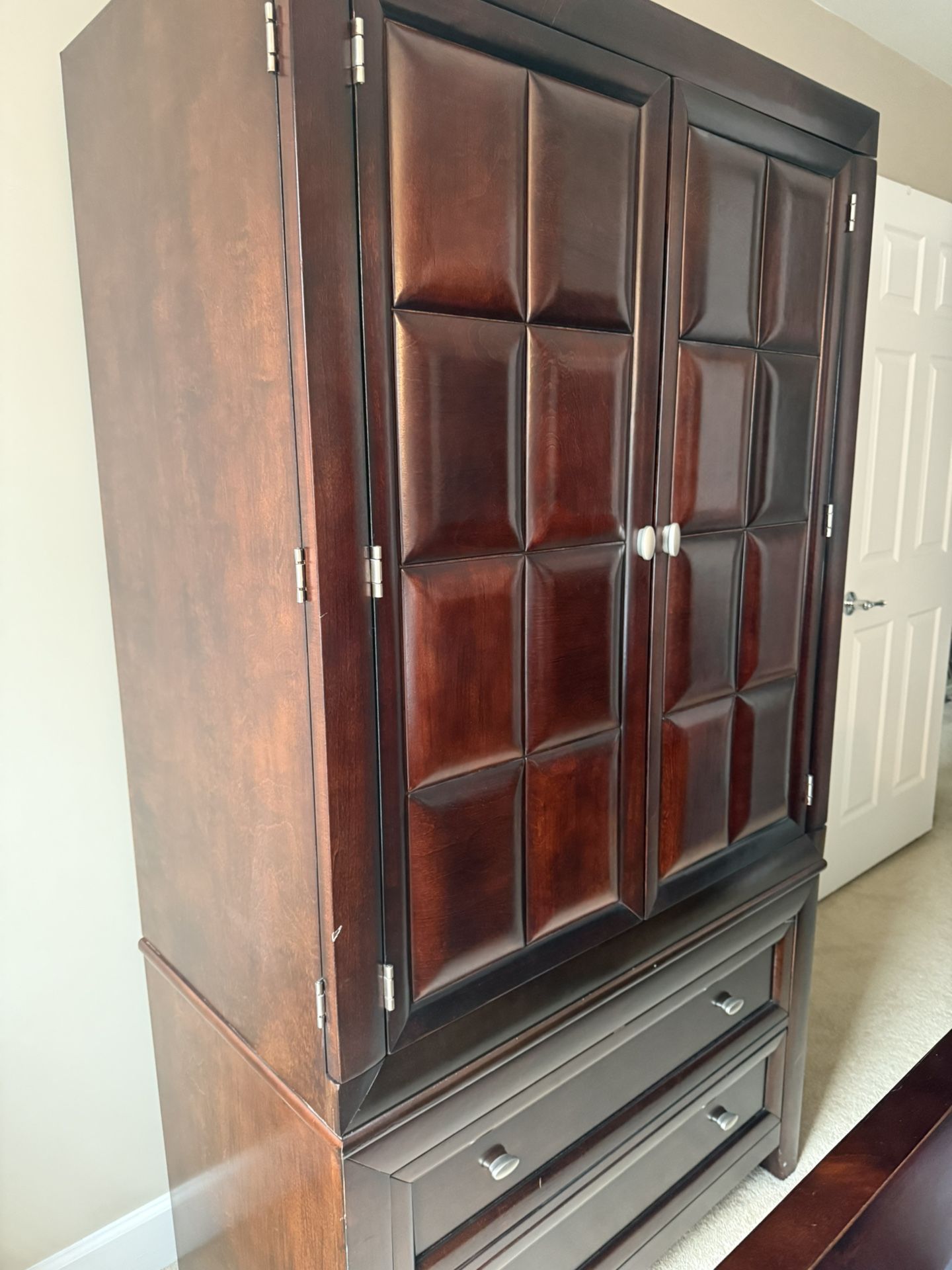 Solid Wood Armoire and Queen Bed Frame (headboard, footboard, and side panels)