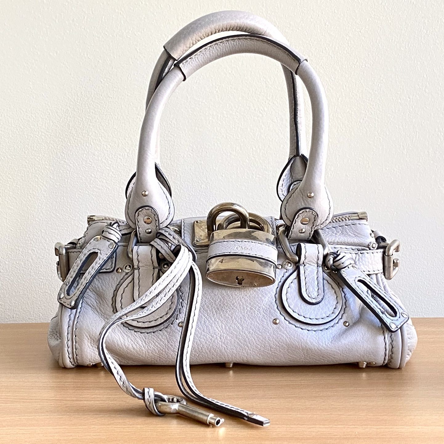 Authentic Chloe Mini Paddington Light Gray Leather Handbag with