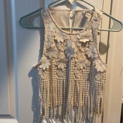 Beige Crop Top With Fringes
