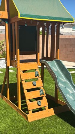 Wooden Swing Set with Slide and Canopy