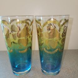 Vintage MCM Gold Blue Swan Glassware Glasses