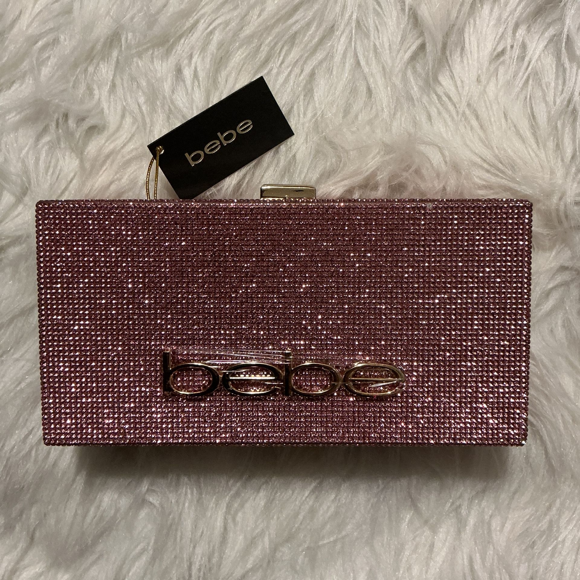 NWT BEBE pink rhinestone clutch purse with wristlet and chain