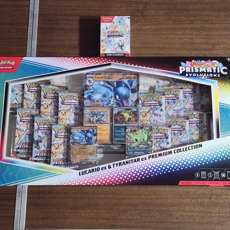 Pokemon Cards Scarlet and Violet Prismatic Evolutions Booster Bundle and Lucario & Tyranitar Ex Premium Collection Box