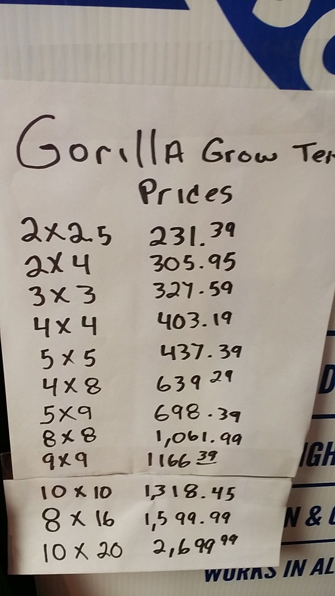 Gorilla grow tents Prices, sale 10% off this week -Text me if you don't understand the price sheet in the picture posted