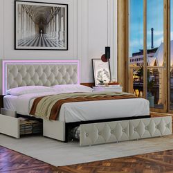 Full Size LED Bed, 9 Colors LED Lights Platform Bed Frame with 4 Storage Drawers, Adjustable Upholstered Headboard with Button Tufted, Velvet Beige