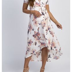 PinkBlush Ivory Watercolor Floral Hi-Low Maternity Wrap Dress