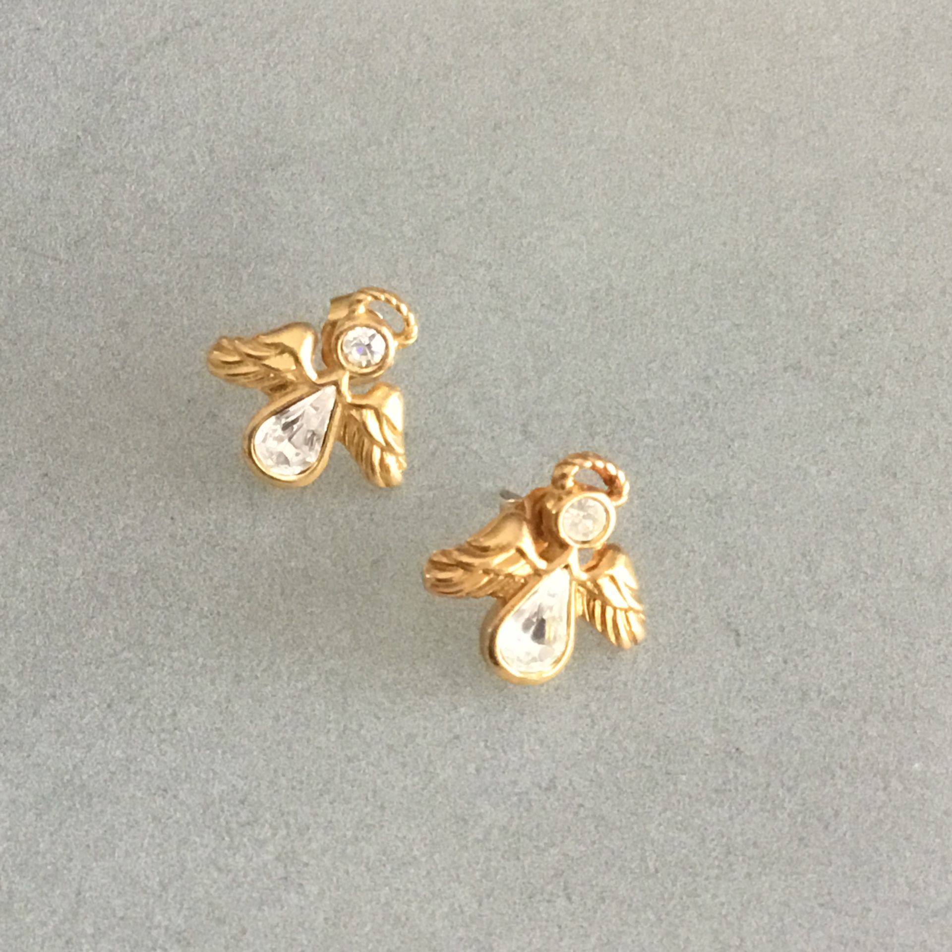 Signed Avon Gold Tone Post Pierced Earrings Angel Shaped With Clear Stone