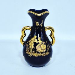 Vintage Limoges Castel Cobalt Blue 22 K Gold Accent Romantic Couple Vase