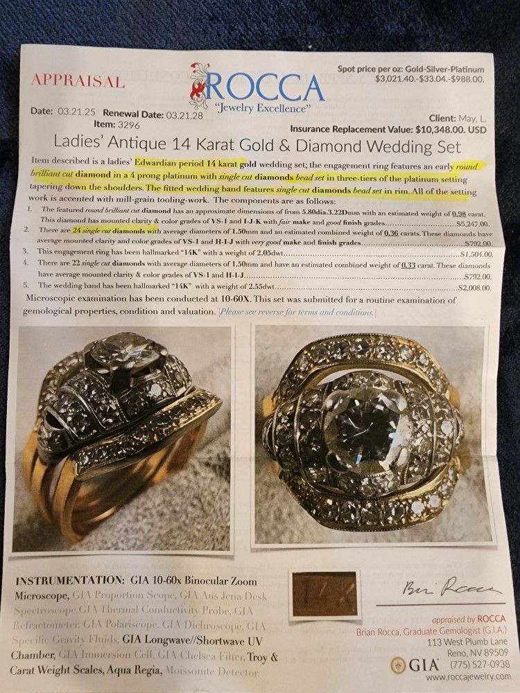 14K LADIES ANTIQUE GOLD AND DIAMOND WEDDING SET (CIRCA 1905 TO 1910)