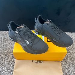 Fendi Flow Sneakers Men Leather and FF Motif Fabric Black