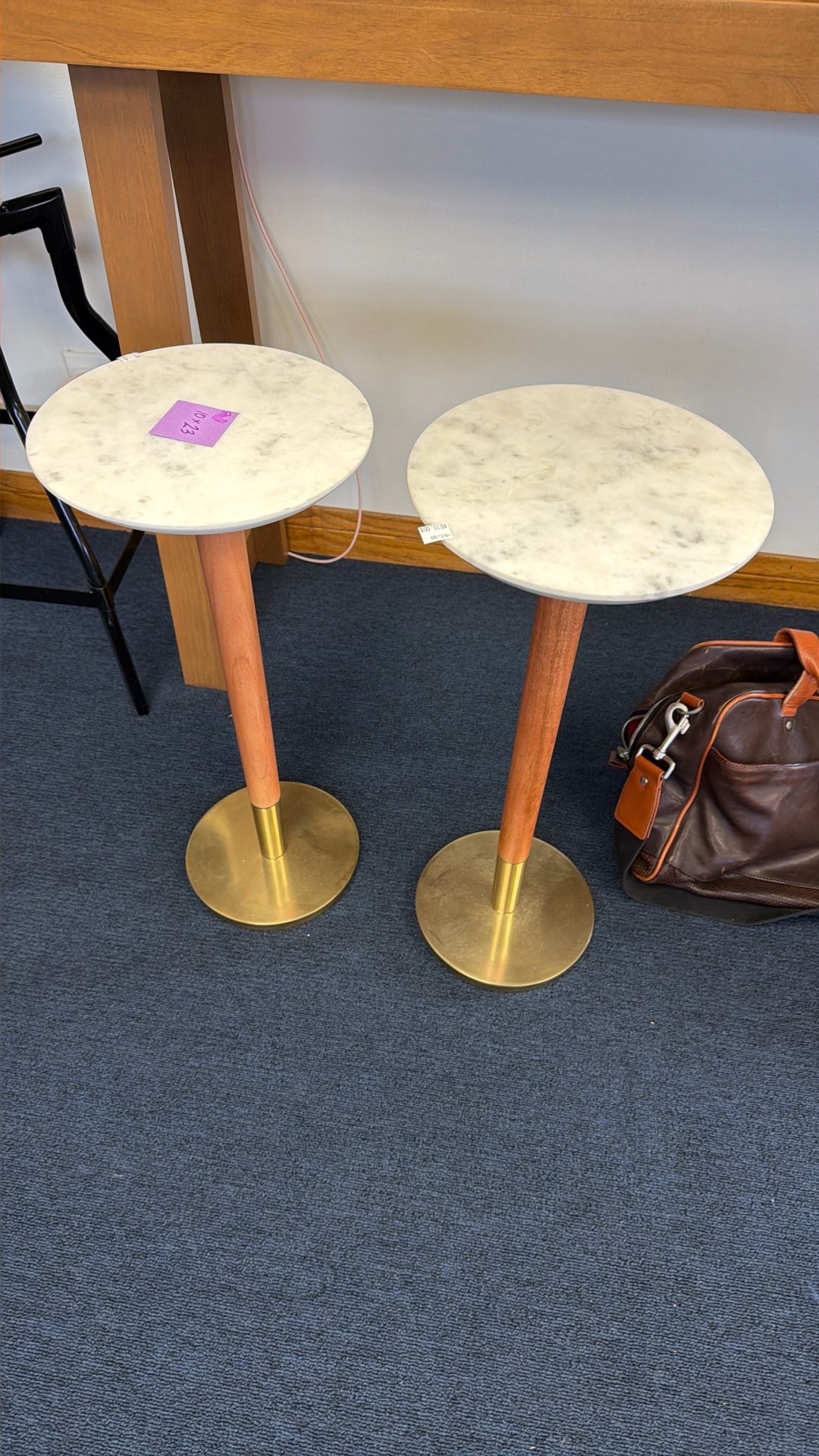 Mid-Century Drink Table, White Marble and Acorn Brass