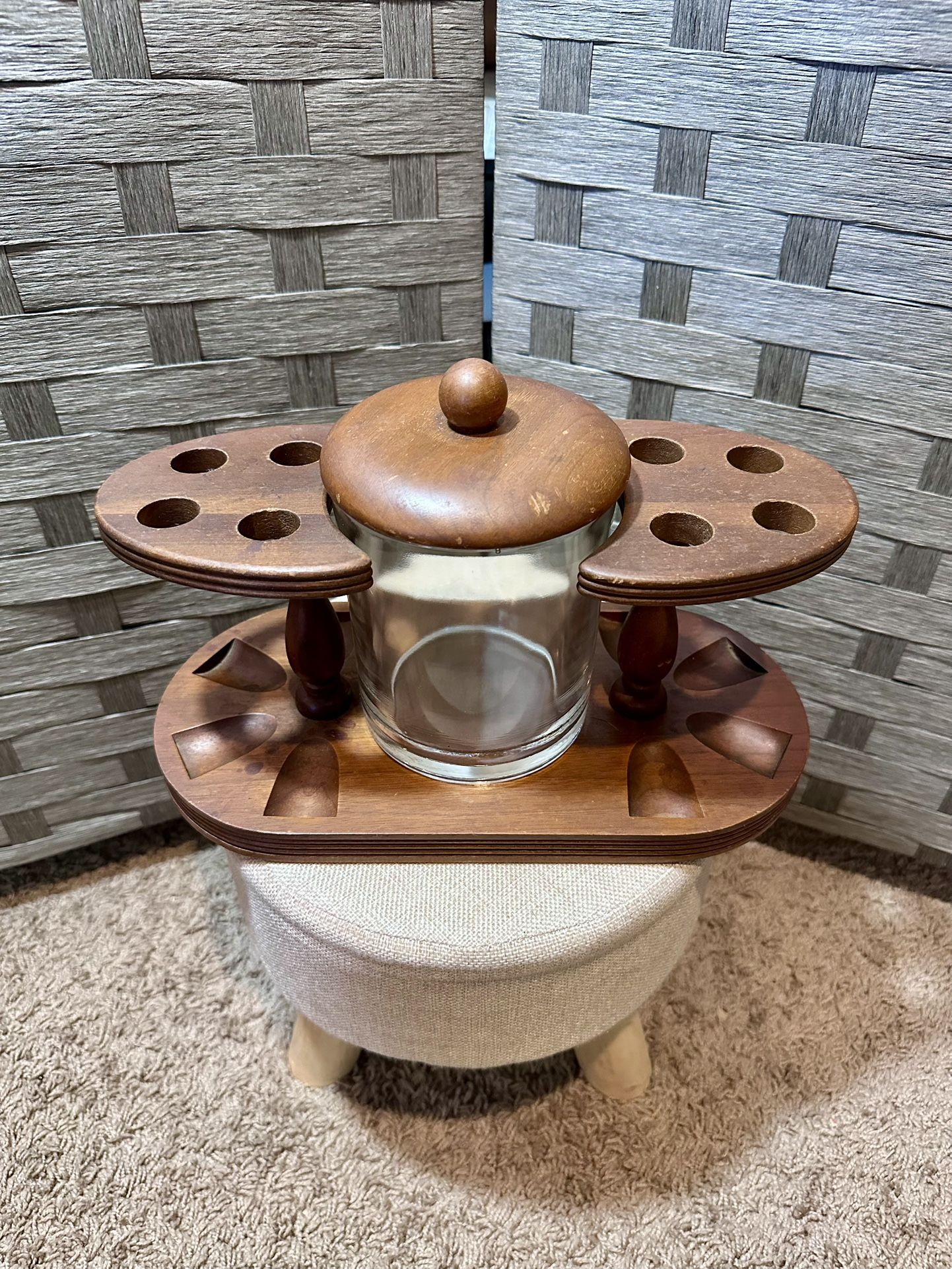 Rare Vintage Walnut Eight Pipe Stand with Glass Jar