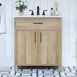 Bathroom Vanity Light Natural Oak 30" Single Sink Style Selections with White Engineered Stone Top