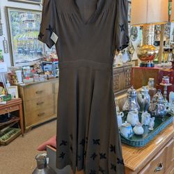 Vintage Silk Crepe Dress W Black Velvet Butterflies Sz Small