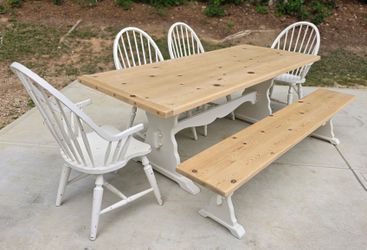 Knotty Pine Raw Wood 7ft Farmhouse Dining Set | Trestle Table, Bench & Windsor Chairs in Smoky White