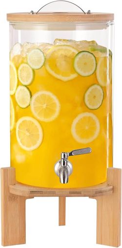 2 Gallon Glass Drink Dispenser With Faucet and Wood Stand