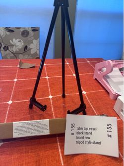 Tripod mini easel stand – black metal 14 inches tall. Portable, for frame – guest book – artwork.