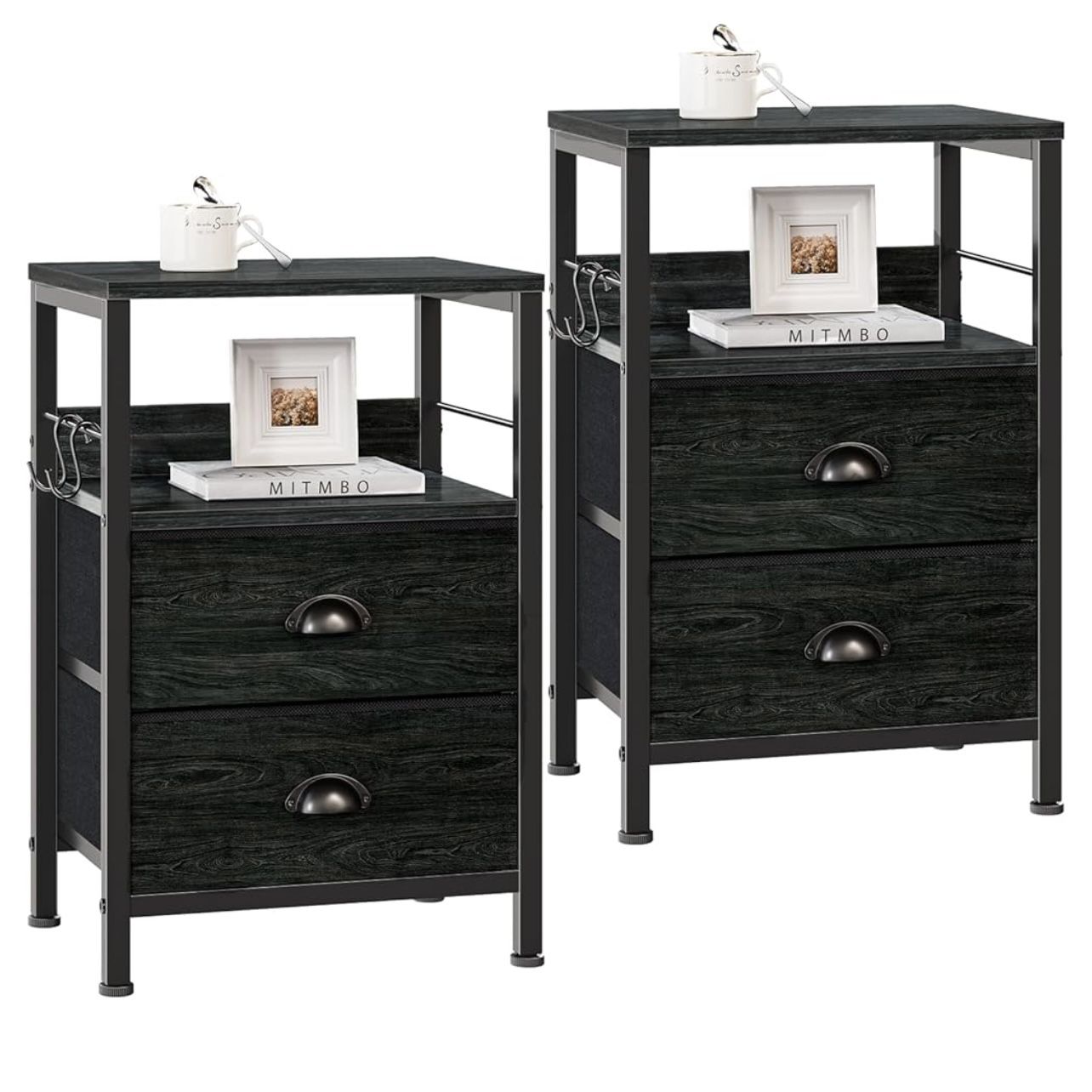 Furologee Nightstands Set 2, End Tables with 2 Fabric Drawers, Bedside Tables with Hooks and Shelf, for Bedroom/Living Room/Study/Black Oak