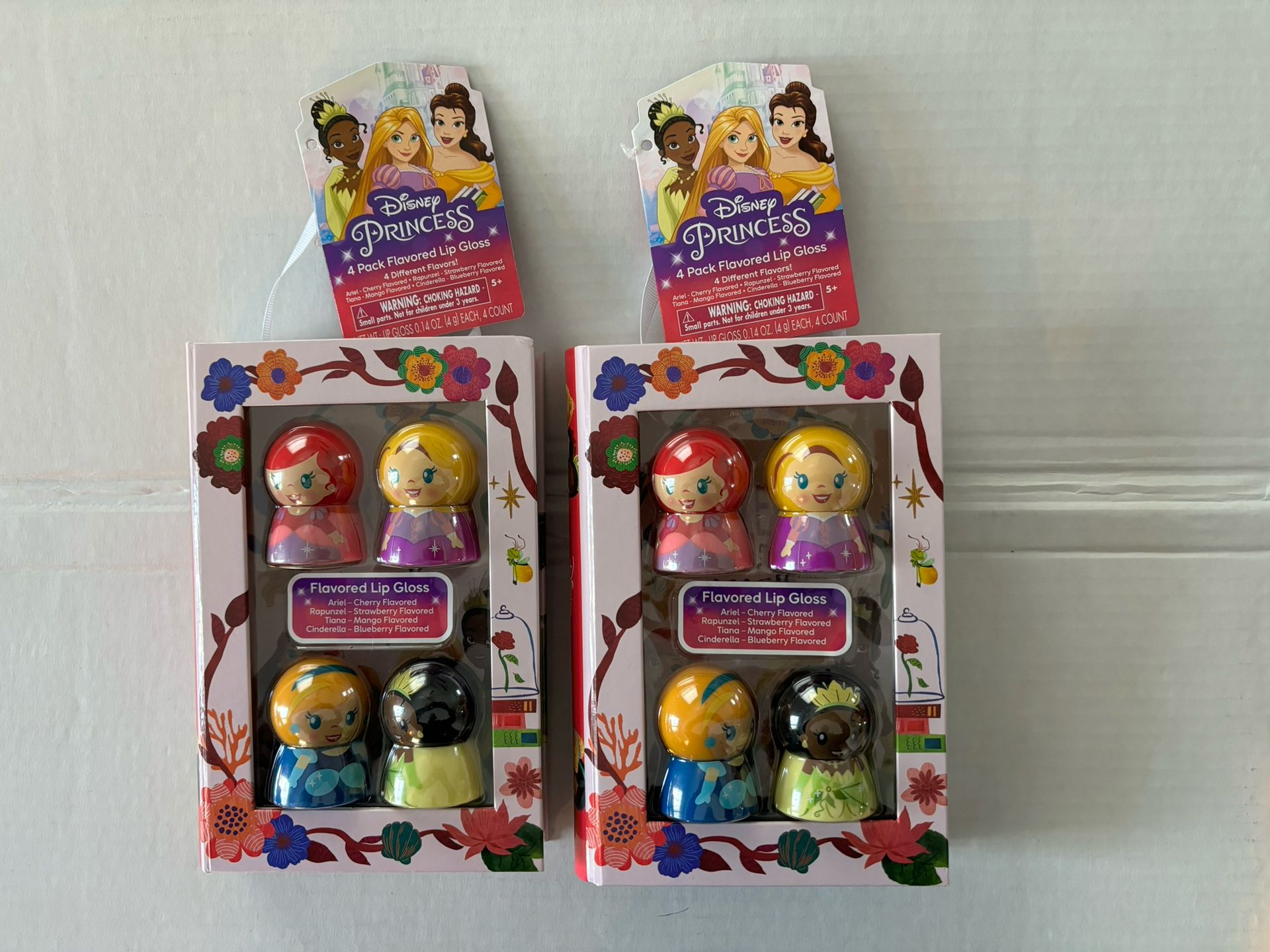 NEW, DISNEY PRINCESS Flavored Lip Gloss 4 Pack Ariel, Cinderella, Tiana & Rapunzel
