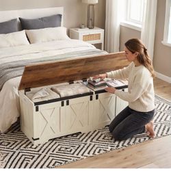 Farmhouse Storage Chest and Bench | 70 Gal | 330lb Seat Soft-Close Hinges | Retro White | Shoe and Blanket Storage for Bedroom, Living Room, Entryway 