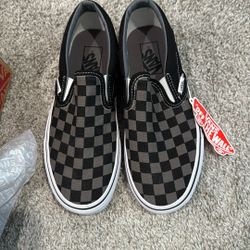 DS Brand New Vans Black and Grey Checkered Slip On Shoes Sz 5.5 Mens, 7.0 Womens
