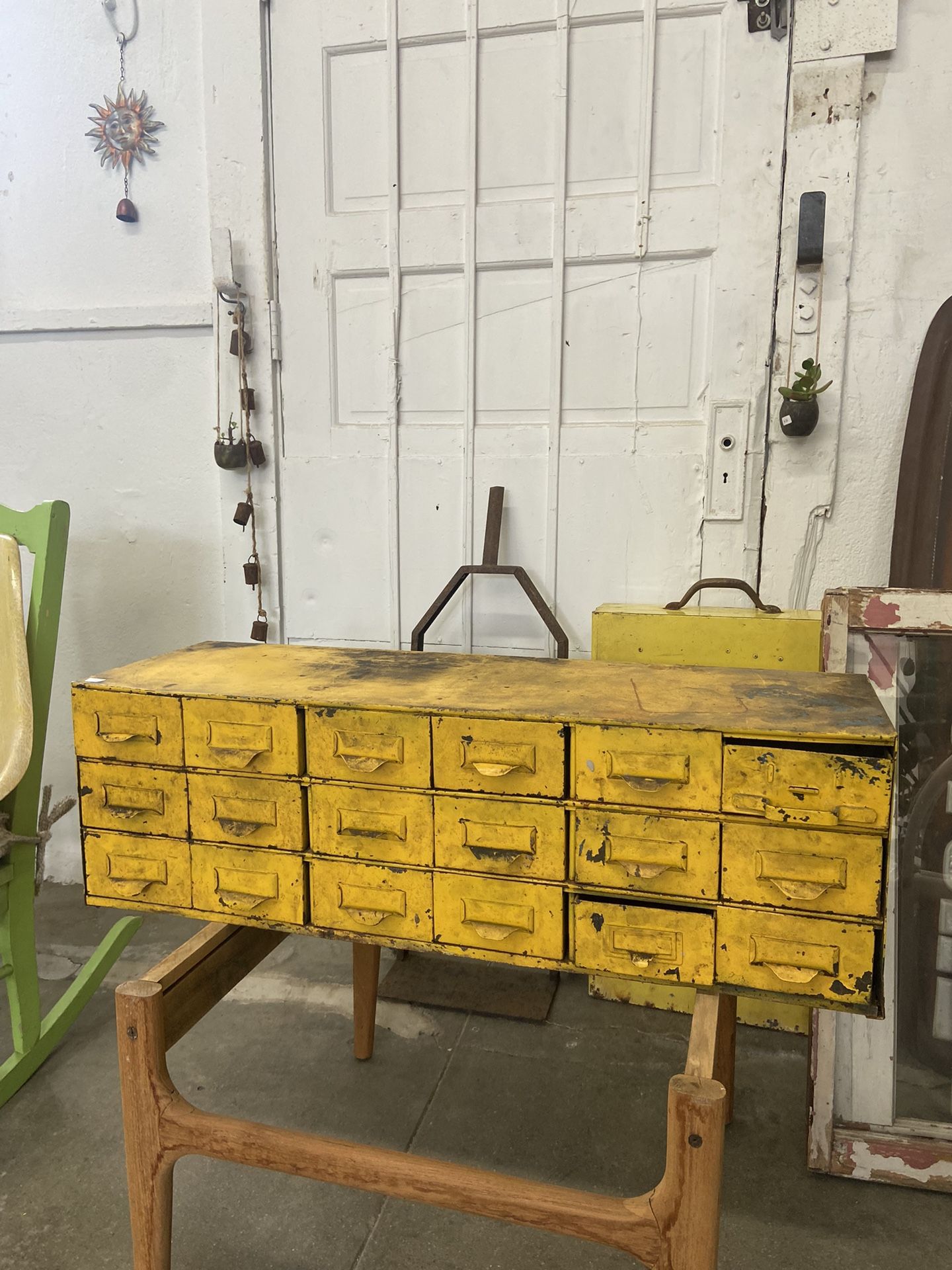 Vintage Yellow Metal Workshop Drawers 