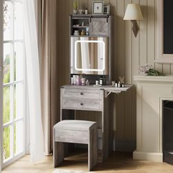 Farmhouse Small Vanity Desk Set with Mirror Cabinet Compact Makeup Vanities Set with 3 Adjustable Lights and Storage Chair for Compact Space, Gray Dre