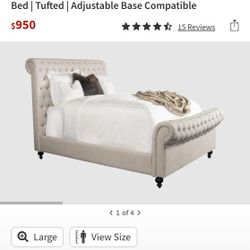 Jacqueline Beige Queen Upholstered Fabric Sleigh Bed | Tufted