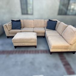 Beige Sectional Couch Sofa L Shape With Ottoman
