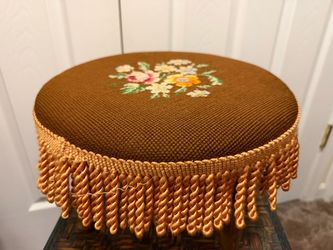 Vintage Needlepoint Tapestry Footstool with Fringe (13" Dia x 8.5" H)