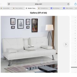 White Modern Faux Leather Futon Sofa Bed Recliner Couch W/ Cup Holder