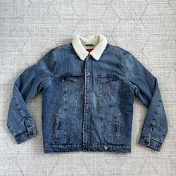 Guess Los Angeles Men’s Blue Denim Jean Sherpa Lined Button Up Jacket LARGE