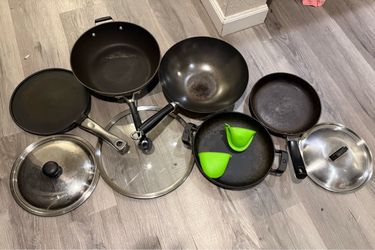 Moving Sale – Cookware Bundle | Cast Iron, Calphalon, Wok, Nonstick Pans & Lids
