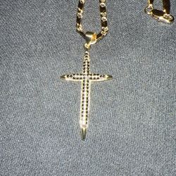 Gold Filled Brass 24 Inch Mainer Chain With A Gold Filled Brass Cross With Black CZ 