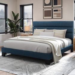 Full Platform Bed Frame with Upholstered Fabric Headboard, Mattress Foundation with Strong Wooden Slats Support, No Box Spring Needed, Blue