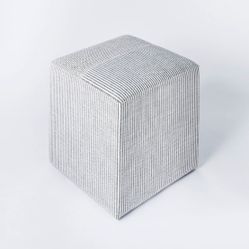 Lynwood Square Upholstered Cube Ottoman Ticking Navy Stripe - Threshold™