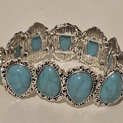 New Silver Turquoise Stretch Bracelet  And Turquoise Peace Earrings And Abalone Earrings And 2 Toned Ring