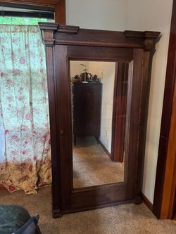 Antique Dark Wood Armoire with Mirror Door