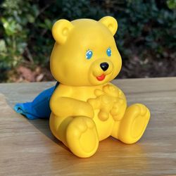 1990 Playskool Baby Bear Squeaky Bell Rattle, Rubber Bear Holding Teddy Bear