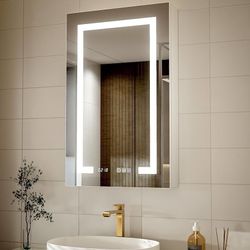 20" W×32" H LED Smart Medicine Cabinet, Bathroom Mirror Cabinet with Lights,Clock & Temperature Display, Dimmable LED Lighting, USB Charging, Defog, S