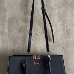 Harrods of London Navy Blue Saffiano Leather Crossbody Satchel Dual Shoulder Bag