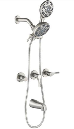 3 handles Shower Faucet Set with Tub Spout Bathtub Shower Faucets Combo Set Shower System Complete Tub and Shower Trim Kit Brushed Nickel